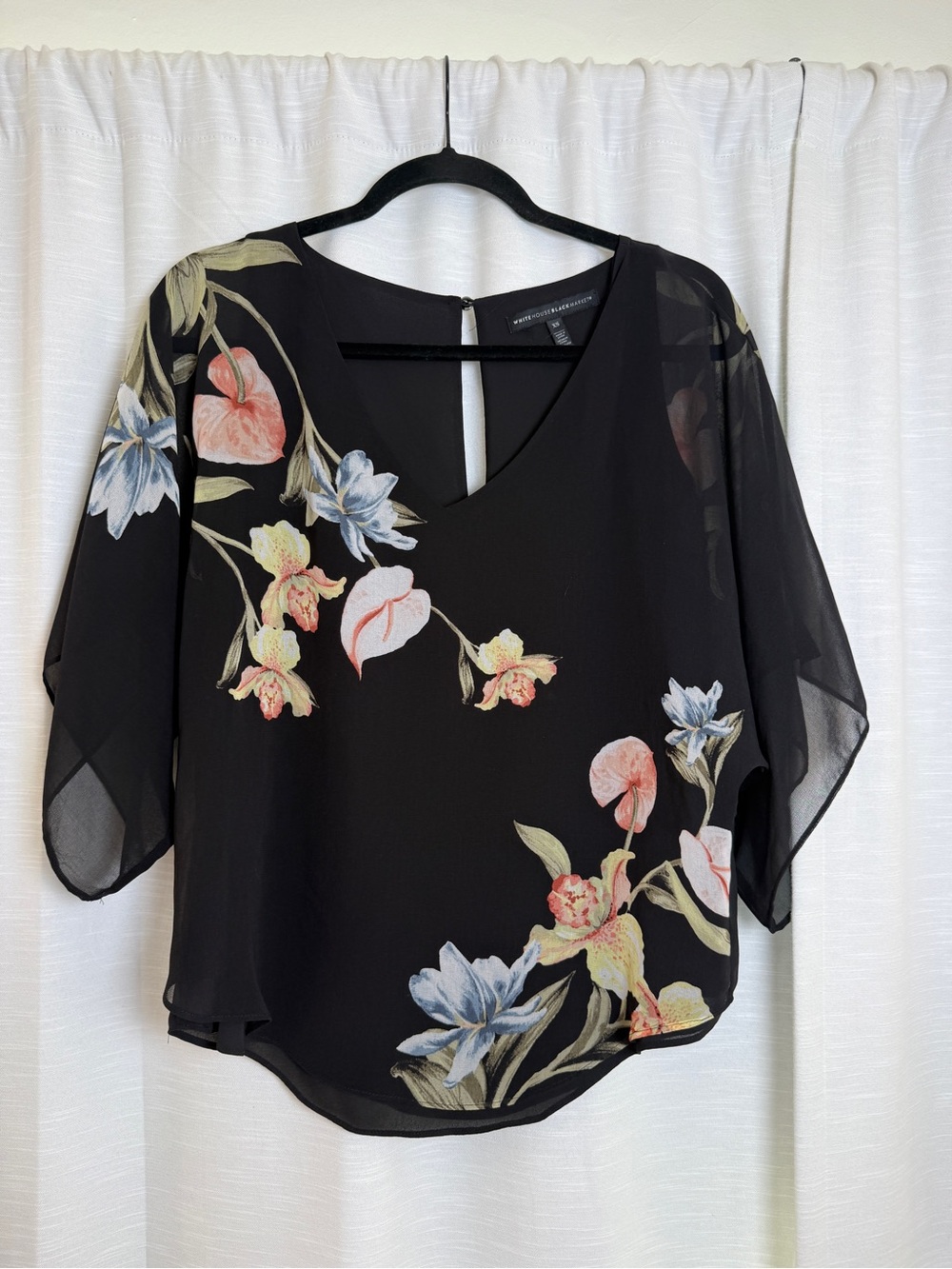 White House Black Market Black Floral Chiffon Blouse | Size XS - Picture 4 of 12